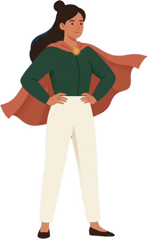 Illustration of a confident working mother standing in an empowering superhero pose with a terracotta cape-scarf